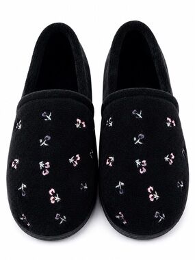 🆕 Isotoner Slippers Contour Step Floral Embroidered Top Microterry Black 7.5-8